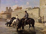 Jules Jacques Veyrassat Chevaux s'Abreuvant dans la Seine Derriere Notre Dame painting